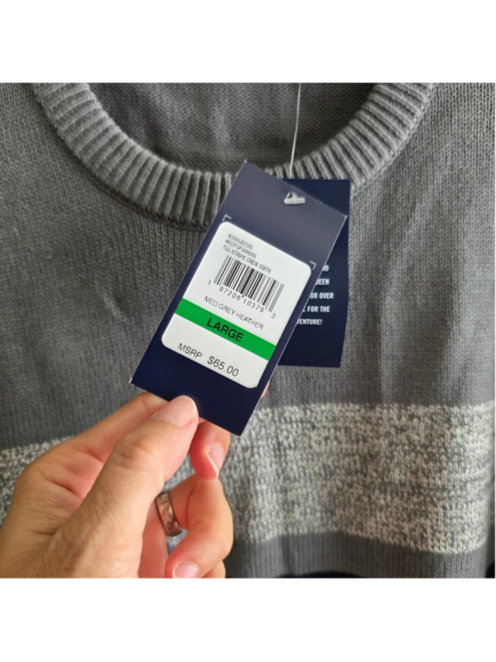 Men's IZOD Crewneck Sweater Large Grey Navy Blue Striped NWT